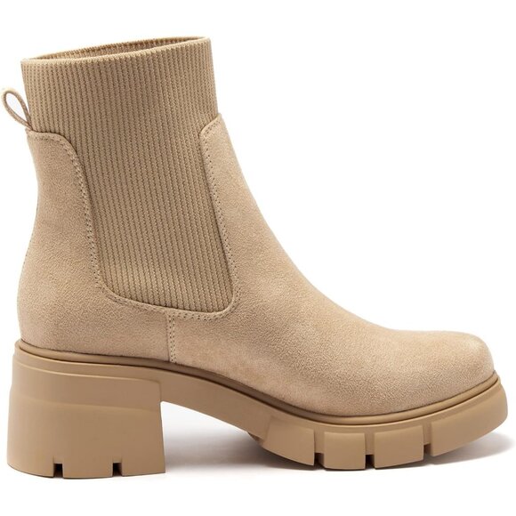 Women's Nude Suede Elastic Chelsea Boots Chunky Block Heel Platform Ankle Boots - Picture 4 of 6